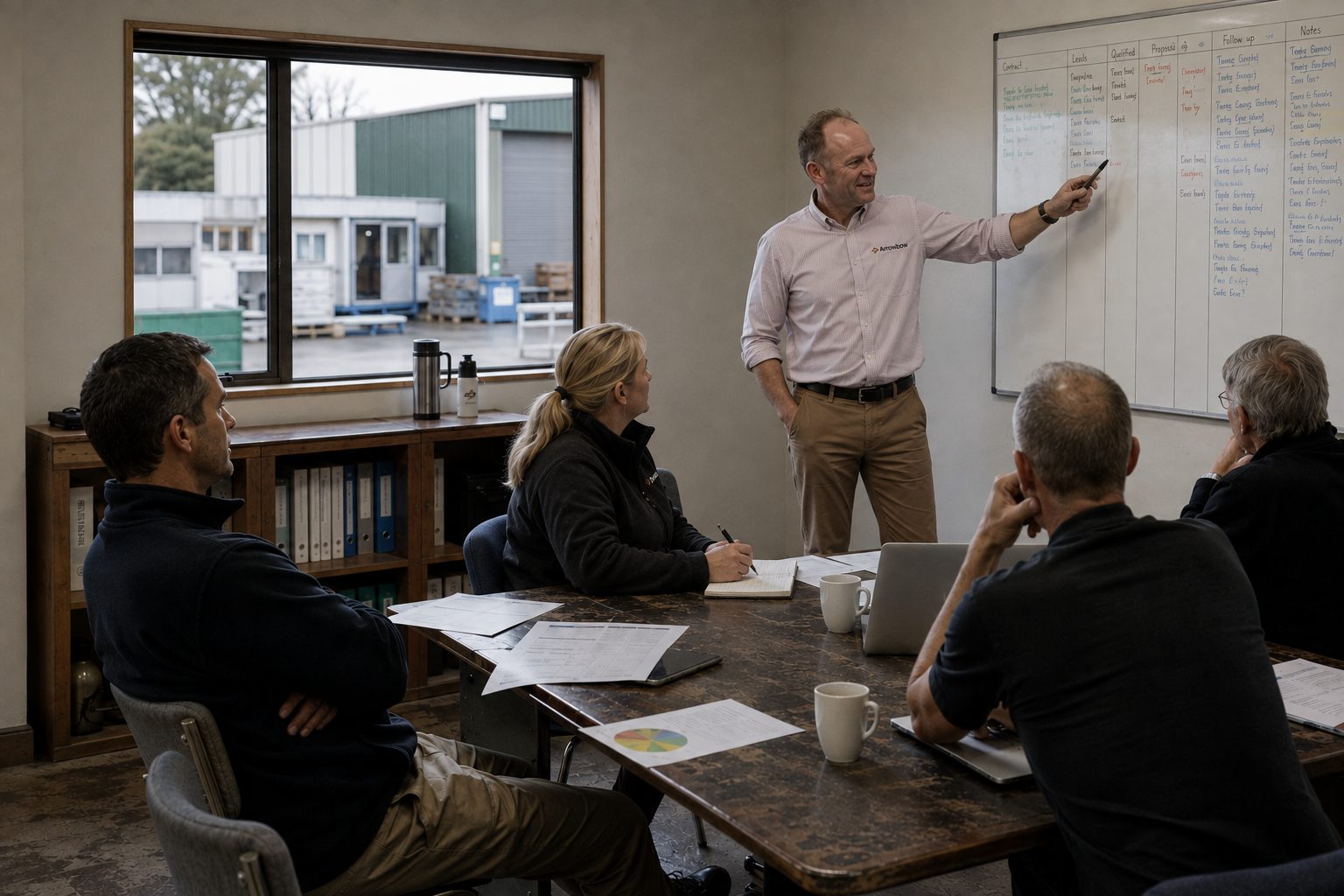 Kimble Willis working a client pipeline board with their sales team, on site